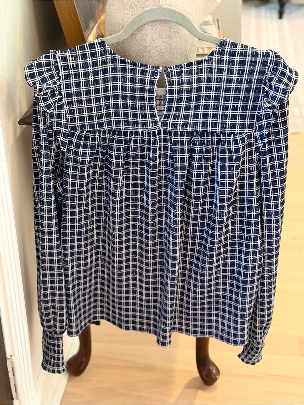 LOFT Navy and White Plaid Smocked Ruffle Yoke Blouse - Picture 5 of 6